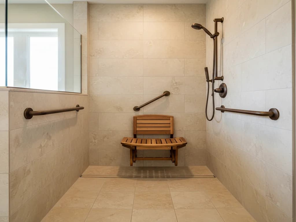 Zero-threshold curbless shower with fold-down teak bench, handheld showerhead on adjustable slide bar, and decorative grab bars in warm bronze finish