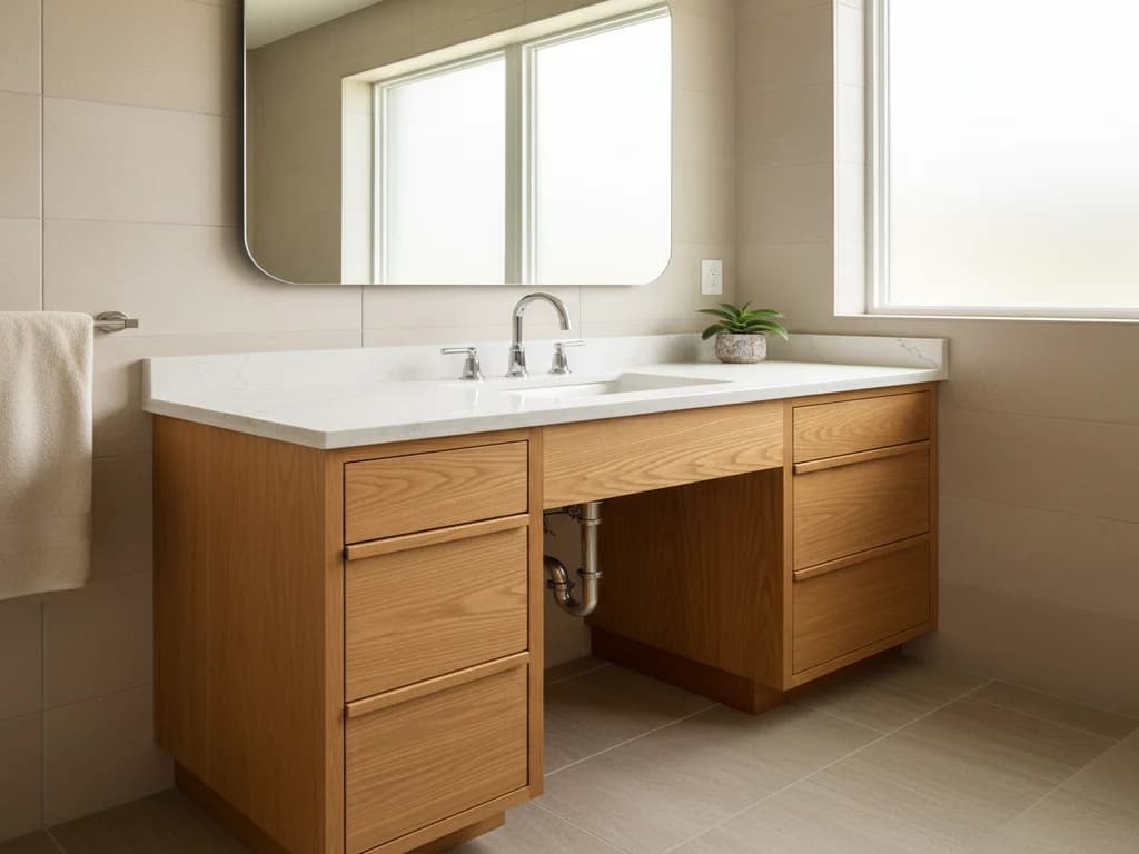 Modern accessible bathroom vanity at comfort height with lever faucet handles, roll-under clearance, and warm wood finish