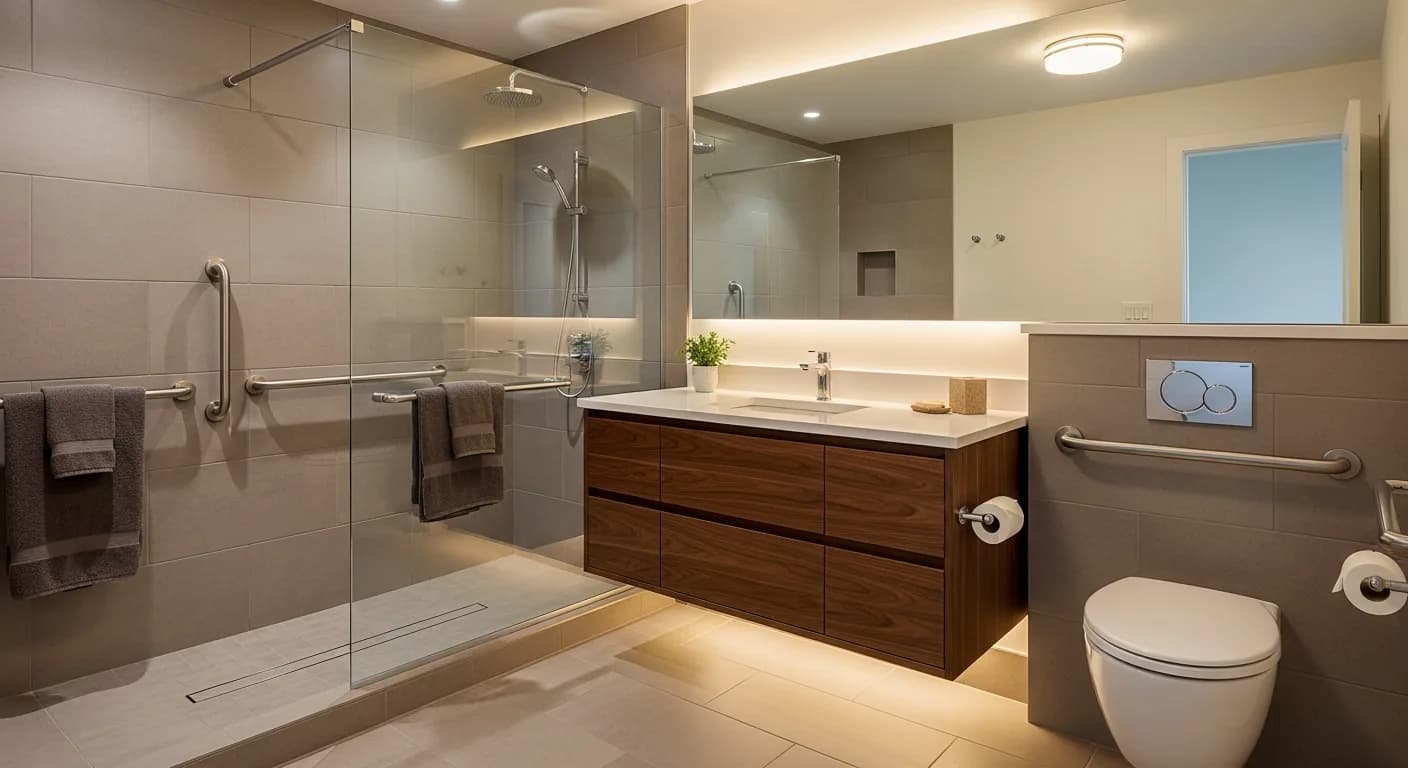 Beautiful aging-in-place bathroom with zero-threshold shower, decorative grab bars, comfort-height vanity, and warm modern finishes in a Sacramento-area home