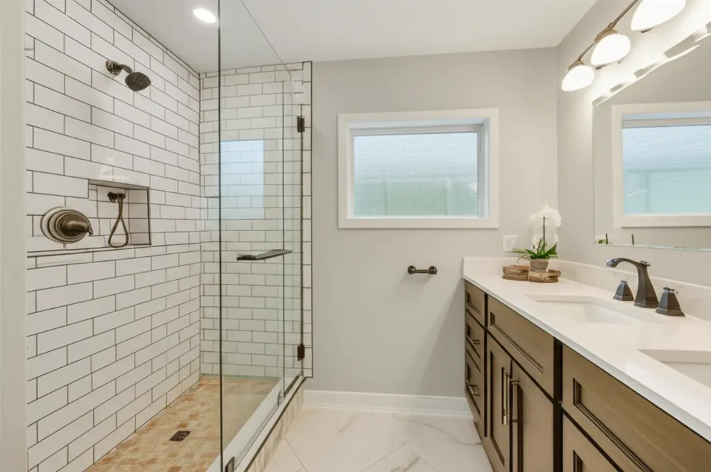 Completed bathroom after final inspection showing all fixtures installed, GFCI outlets, ventilation, and properly tiled shower meeting California building codes