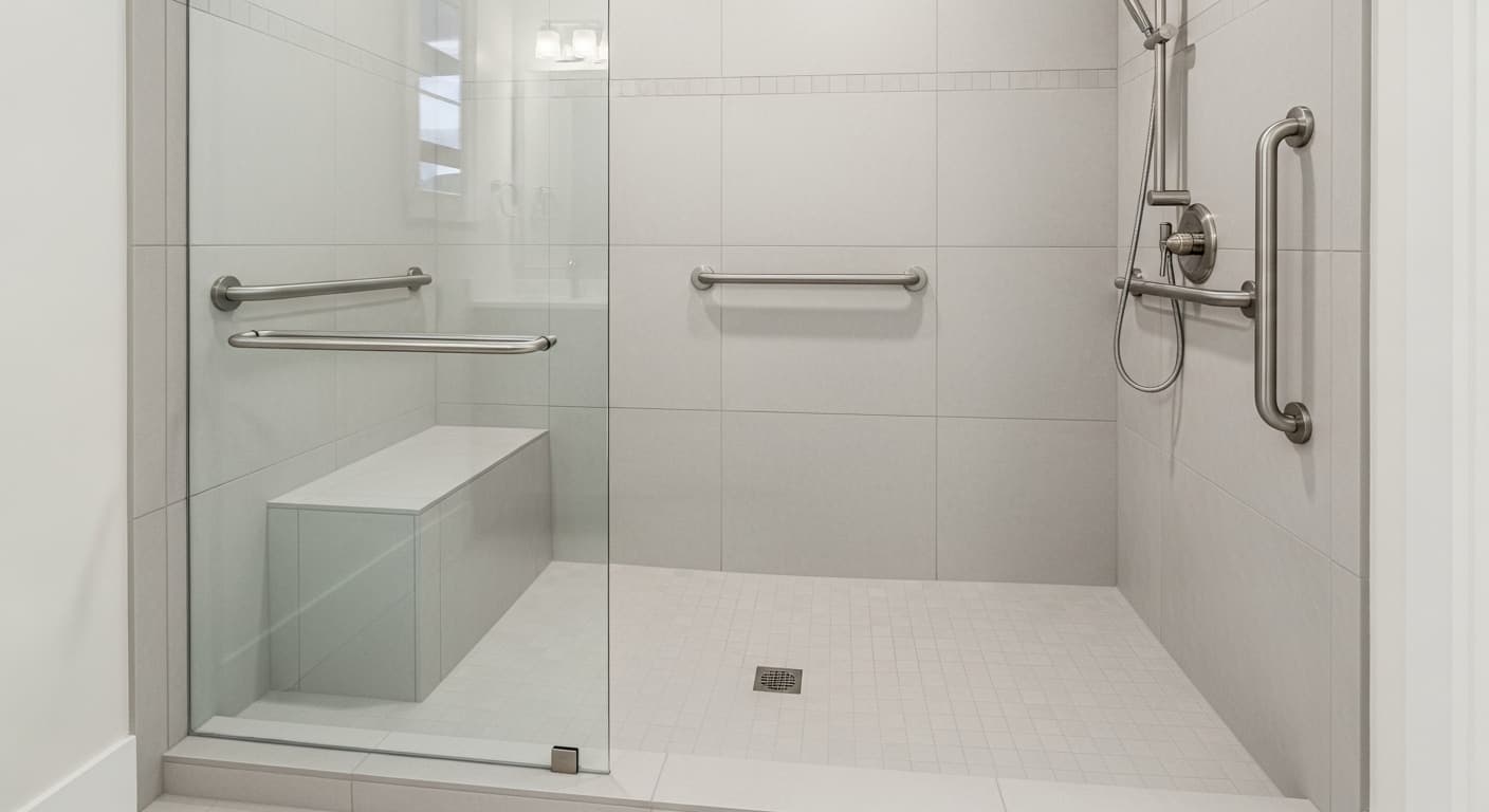 Modern zero-threshold curbless shower with linear drain, large-format porcelain tile, frameless glass panel, and integrated grab bar in a Rocklin home bathroom