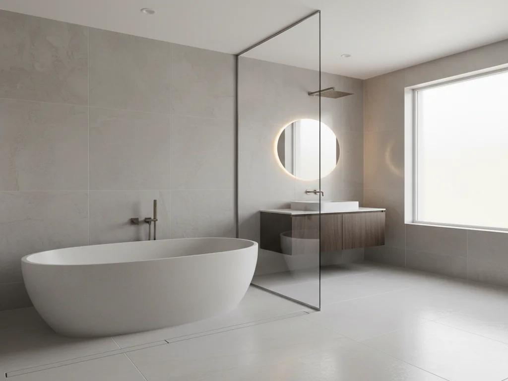 Fully tiled curbless wet room with linear drain along the back wall, freestanding stone resin tub inside the wet zone, glass partition, and continuous large-format porcelain tile in a Sacramento luxury home