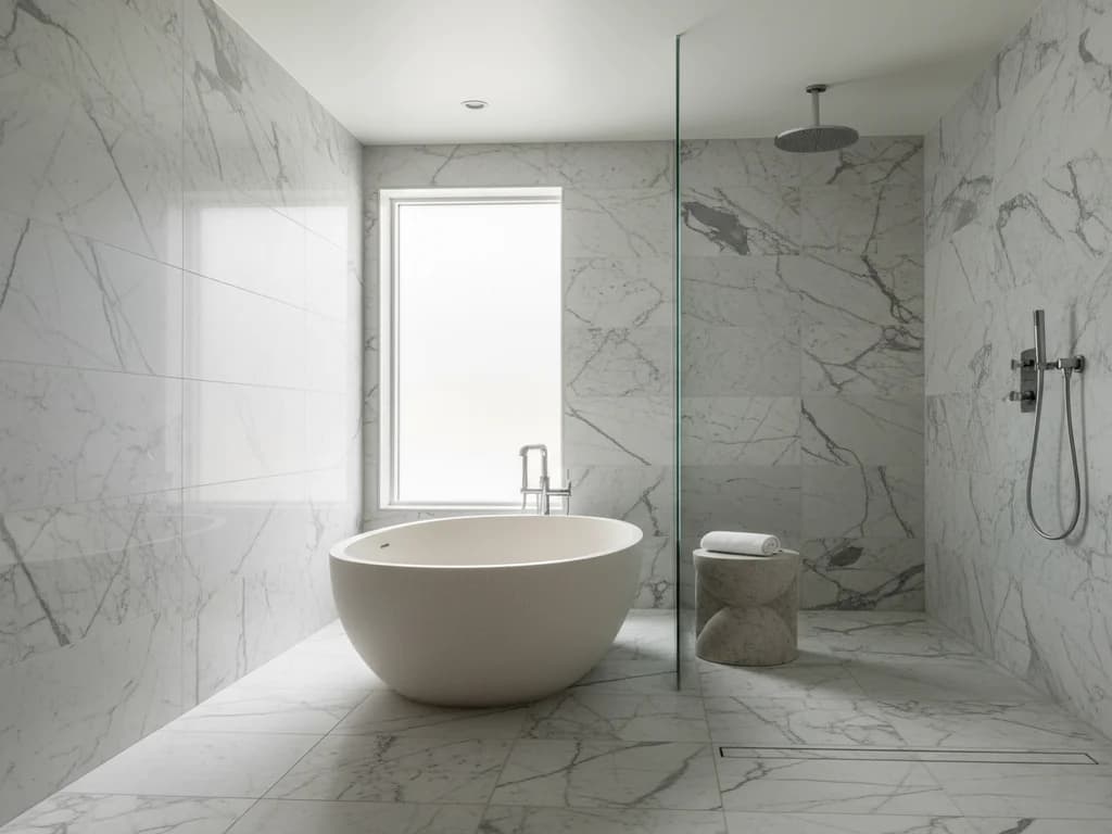 Curbless wet room with continuous large-format tile on floor and walls, freestanding stone resin tub adjacent to rainfall shower with glass divider partition in El Dorado Hills luxury home