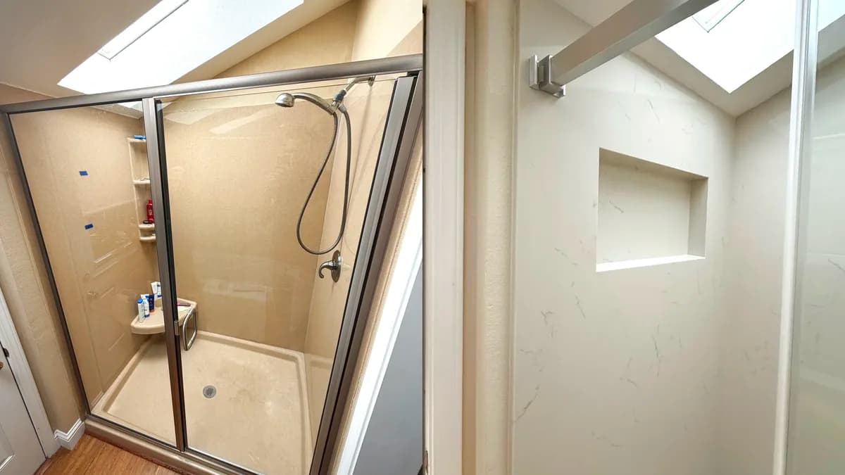 Before and after: Shower Remodel with Solid Quartz Walls and Custom Niche in Auburn, CA