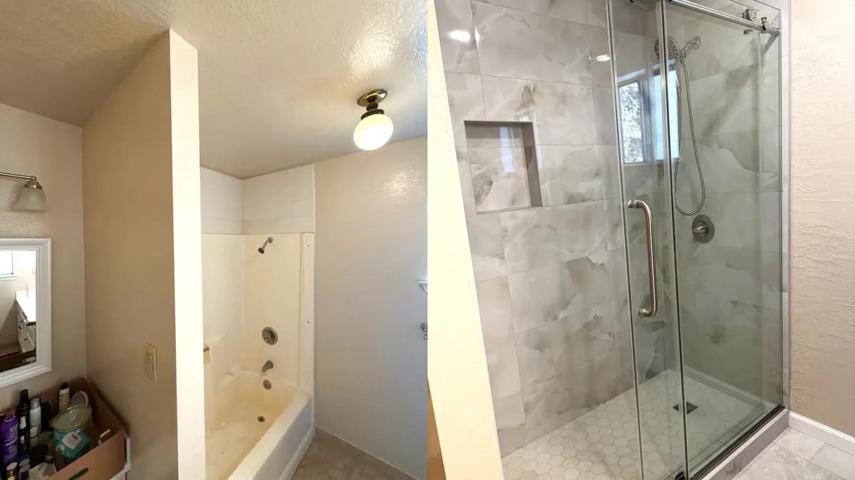 Before and after: Shower Remodel with Marble-Look Porcelain and Hex Mosaic Accent in Cameron Park, CA
