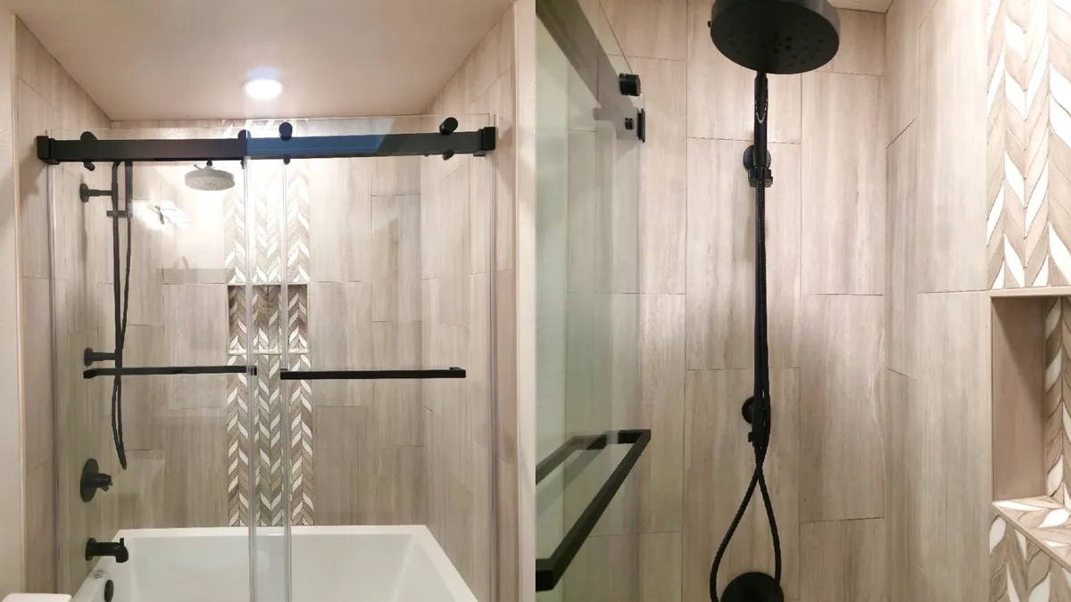 Before and after: Tub-Shower Remodel with Wood-Look Tile and Matte Black Fixtures in Cameron Park, CA