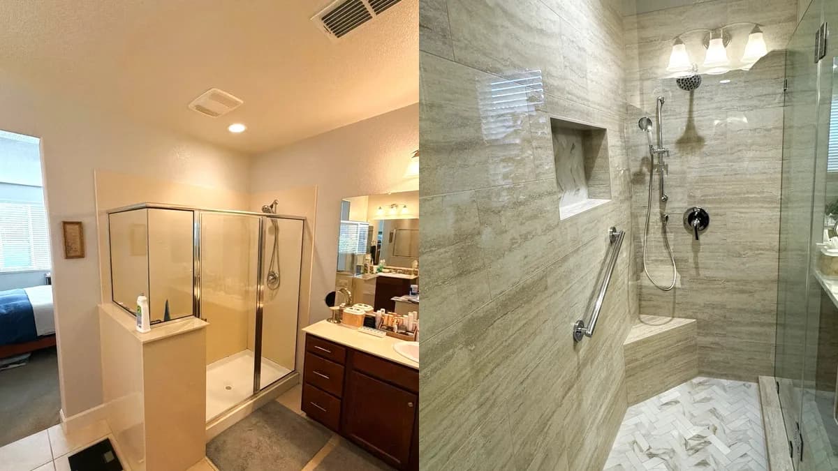 Before and after: Master Shower Remodel with Herringbone Marble Accent in El Dorado Hills, CA