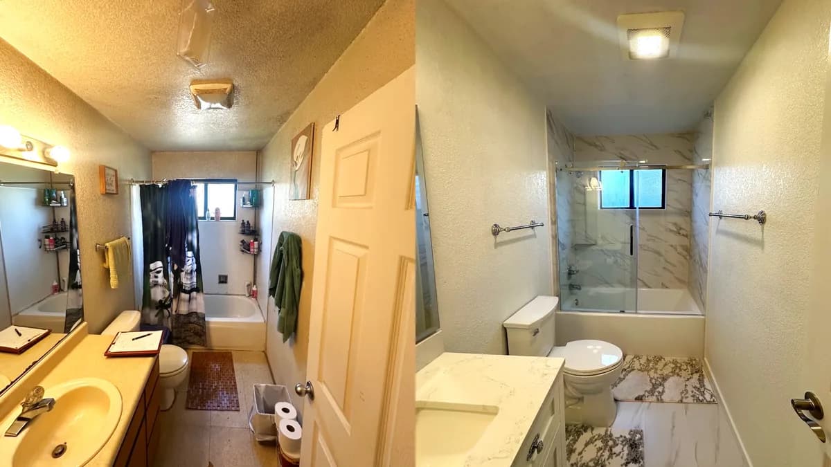 Before and after: Two-Bathroom Remodel with Marble-Look Porcelain in One Folsom, CA Home