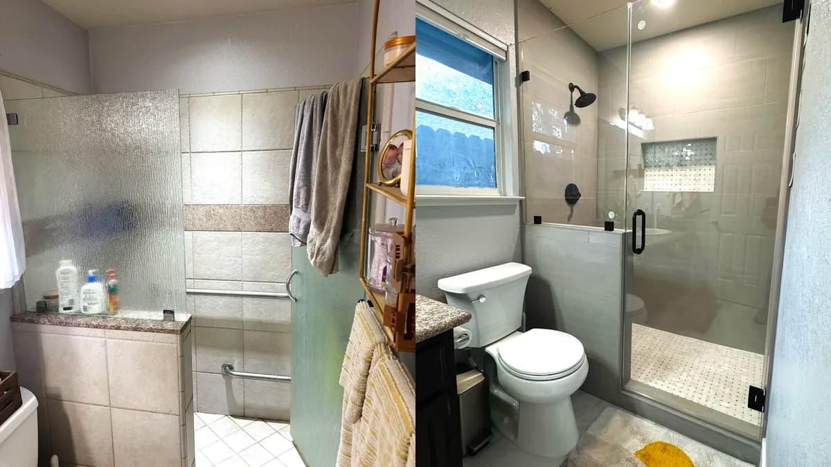 Before and after: Shower Remodel with Tiled Pony Wall and Custom Glass in Loomis, CA