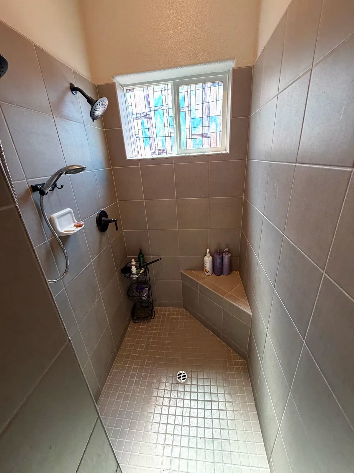 Before: dated small-tile shower in Roseville with a stepped tile curb and a half-wall that blocked wheelchair access