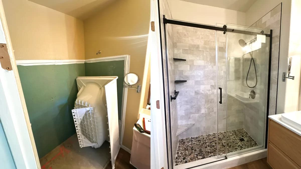 Before and after: Shower Remodel with Marble-Look Tile and Black-Framed Glass in Natomas, Sacramento