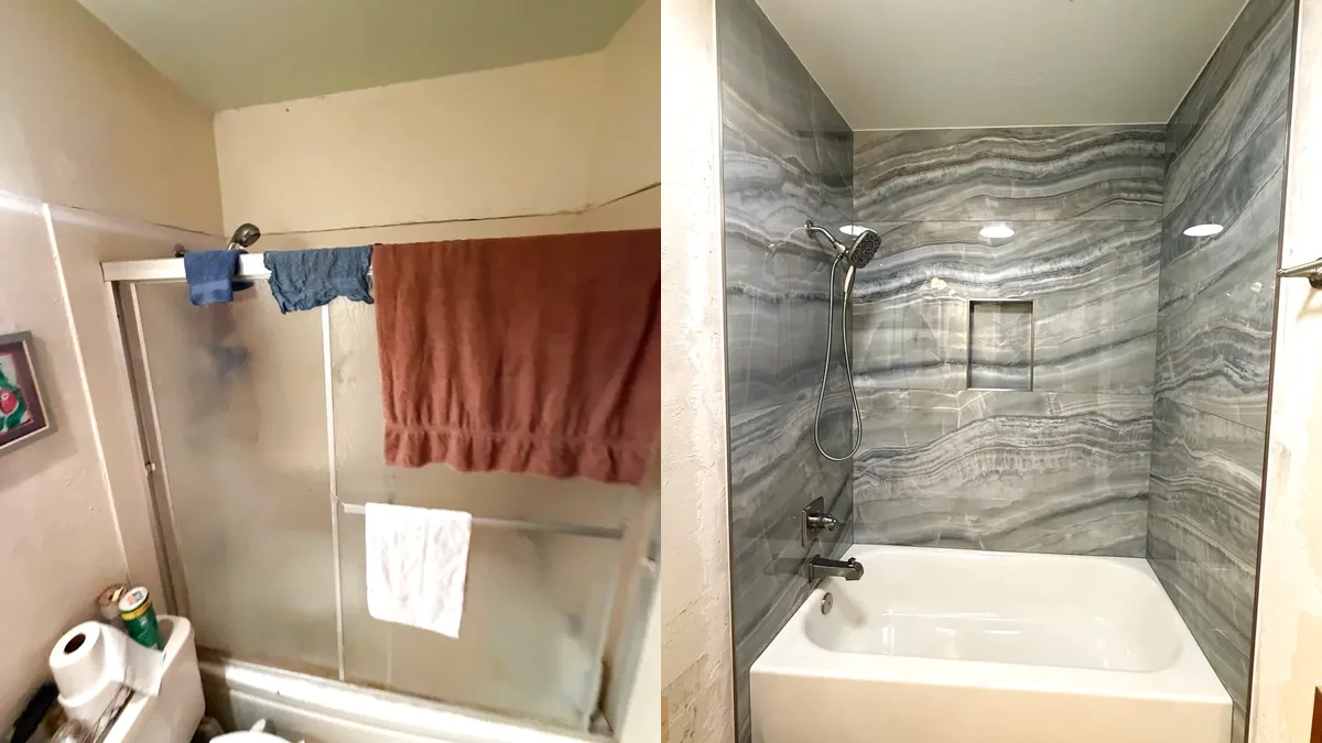 Before and after: Tub-Shower Tile Remodel with Onyx-Look Porcelain in Woodland, CA